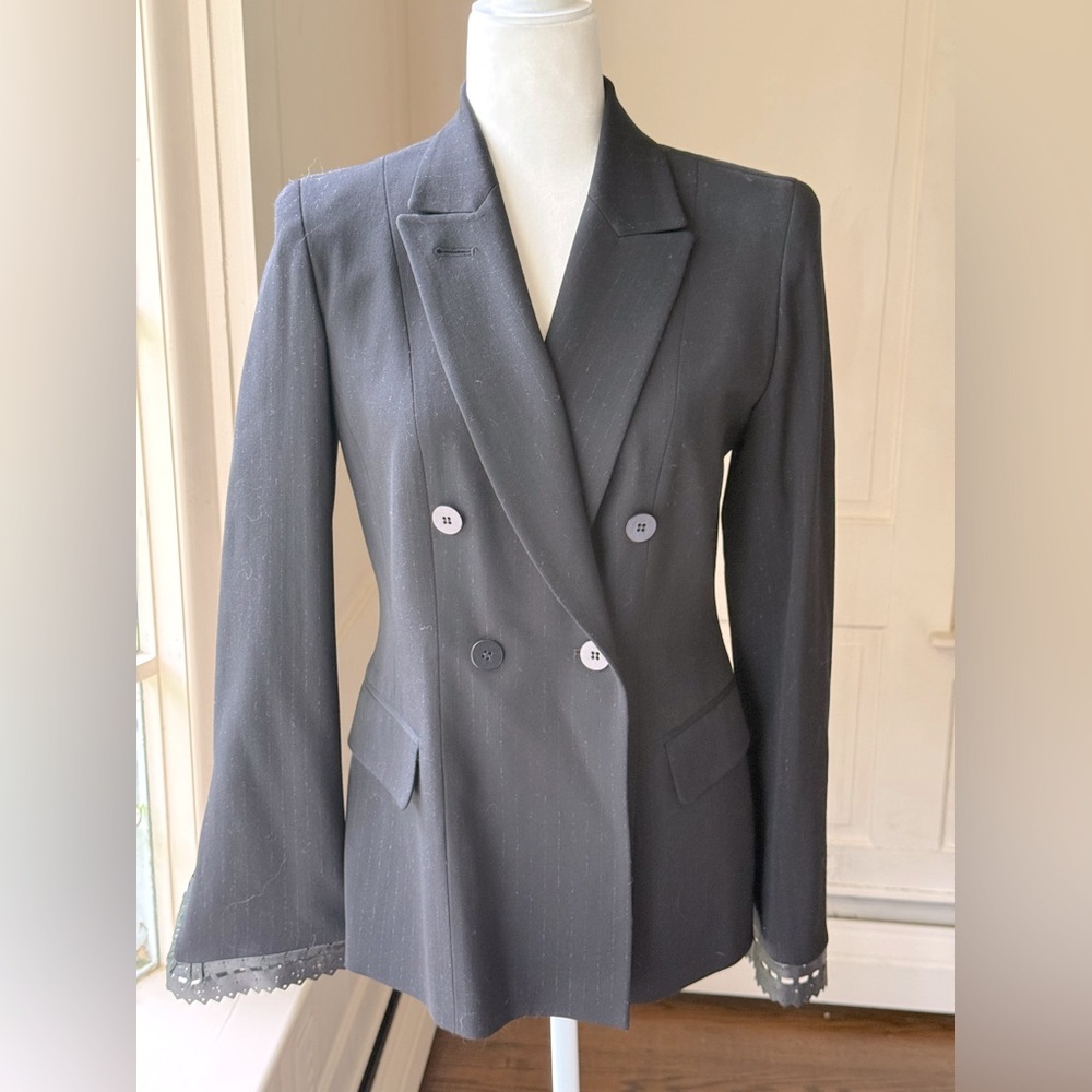 Marisa Minicucci Black Wool Blazer with Leather Cuff Detail